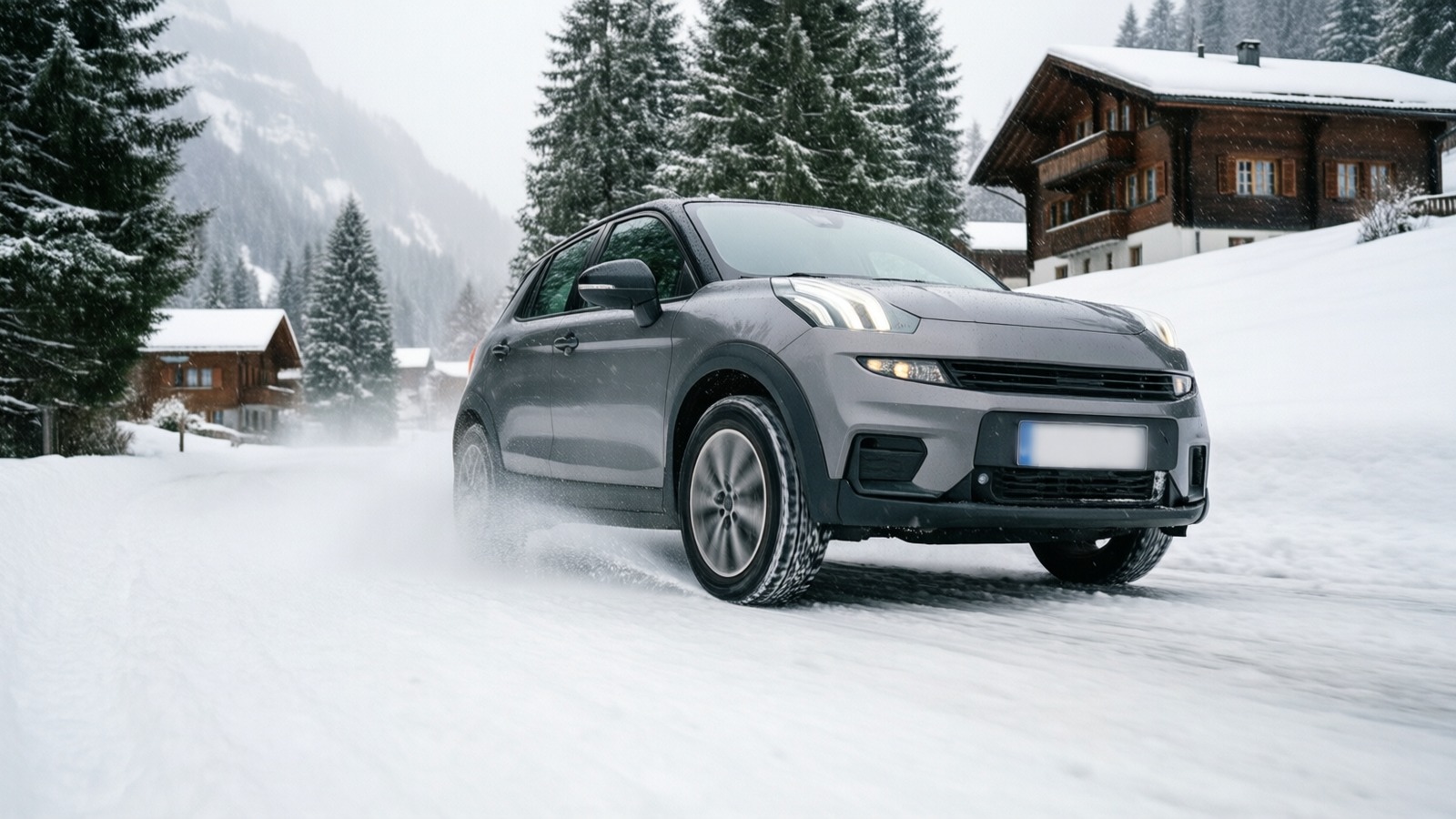 Voiture équipée de pneus d’hiver roulant sur une route suisse enneigée