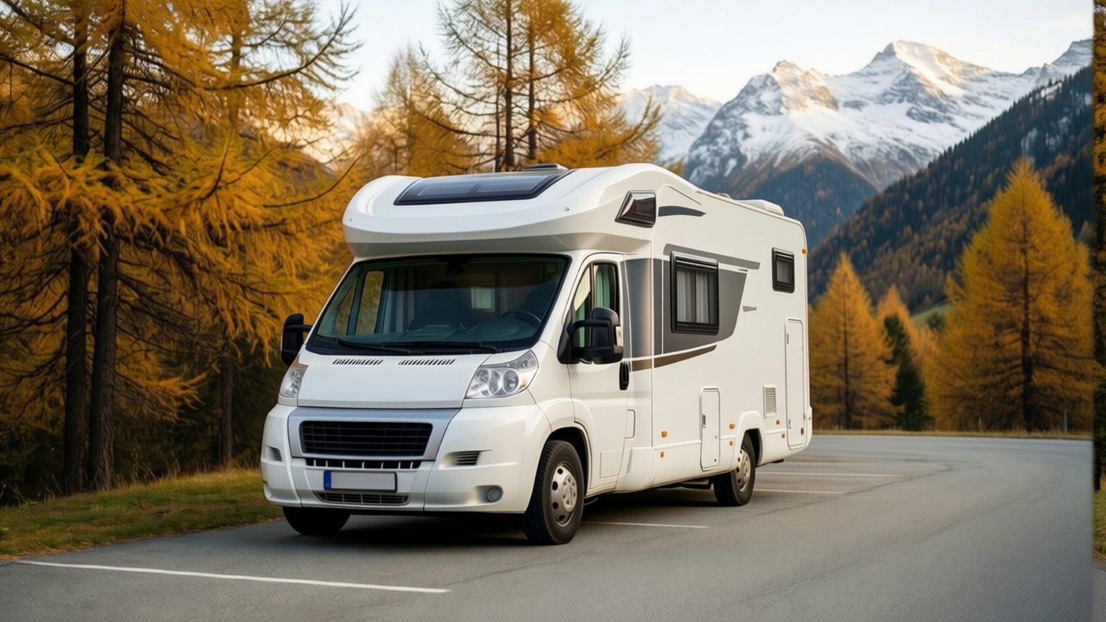 Weisses vollintegriertes Wohnmobil auf einer Schweizer Bergstrasse im Herbst