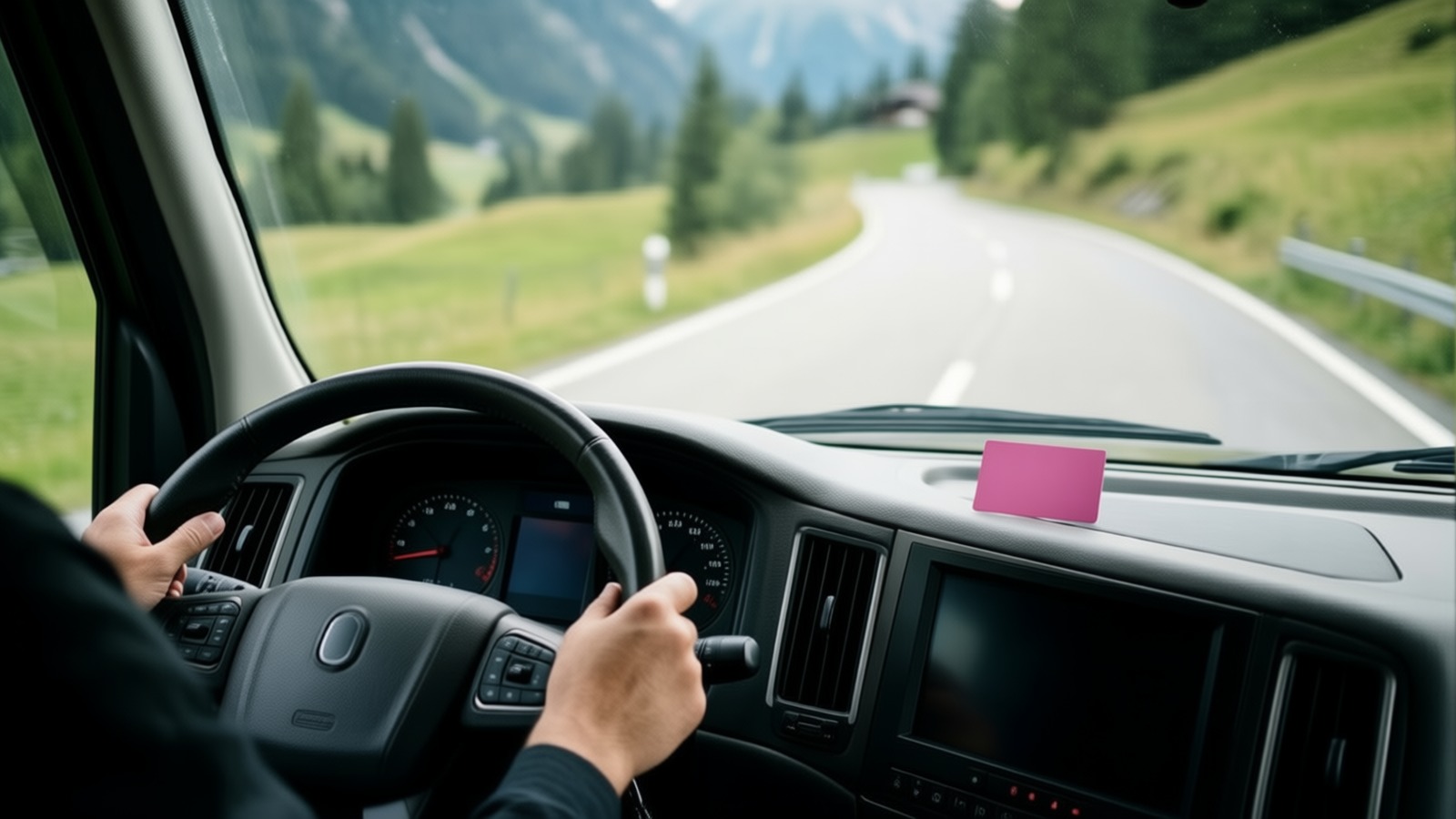 Fahrer am Steuer eines Wohnmobils, der Schweizer Führerausweis liegt auf dem Armaturenbrett