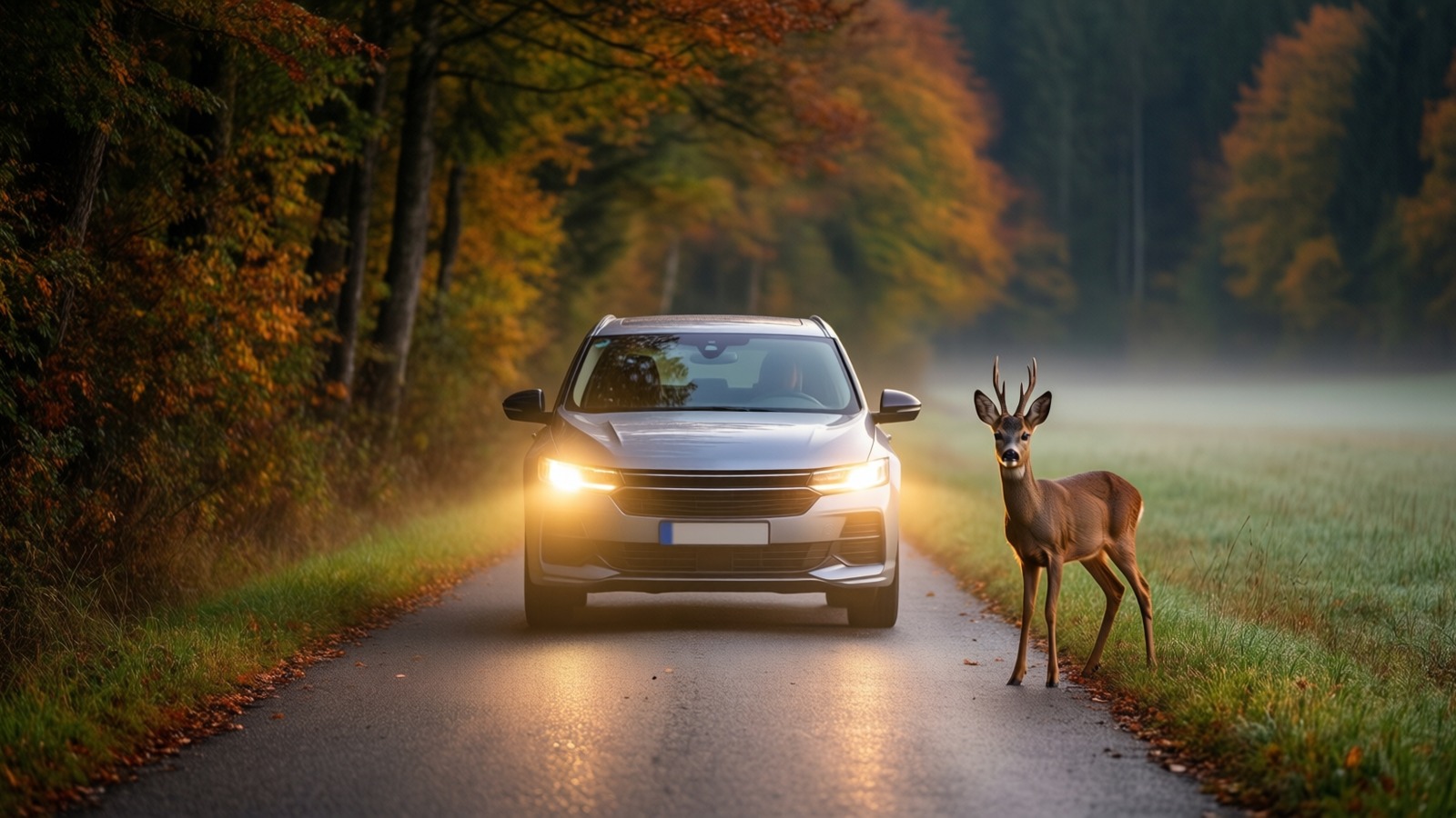 Route de campagne au crépuscule avec un chevreuil au bord de la chaussée, à l’approche d’une forêt