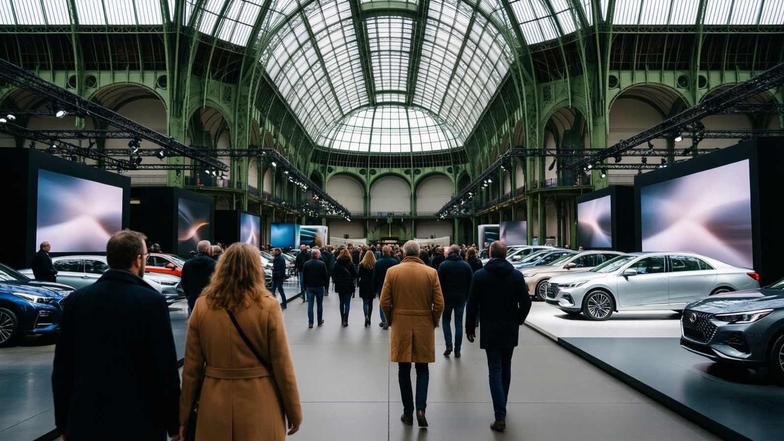 Eingang des Pariser Autosalons 2026 im Paris Expo Porte de Versailles mit Besuchern vor den Ständen der Hersteller