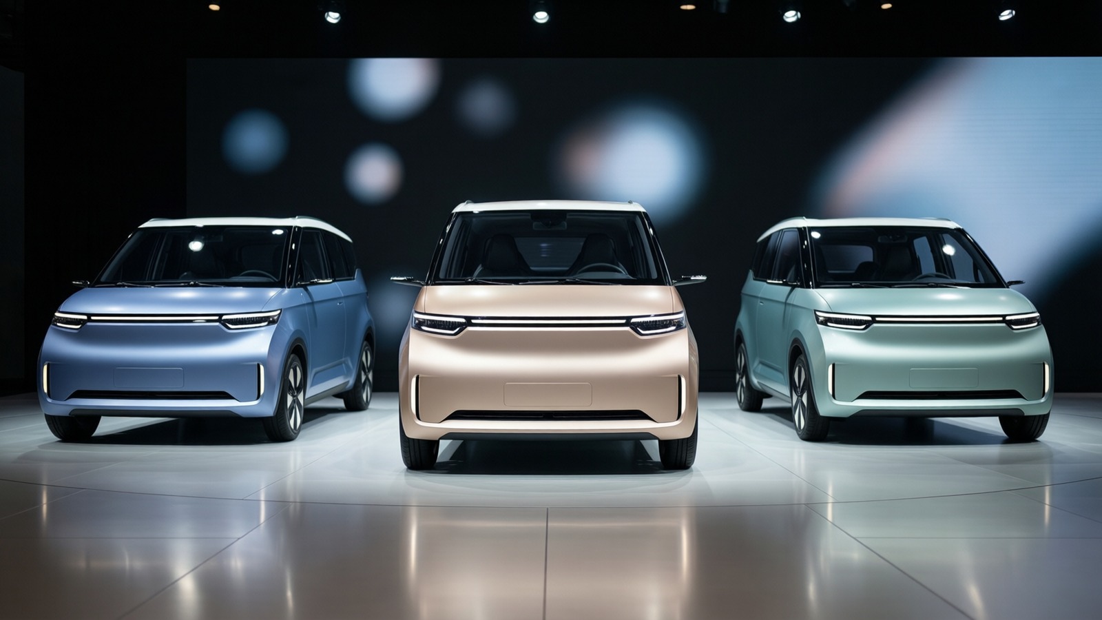 Kompakte Elektroautos nebeneinander auf einem Autosalon ausgestellt