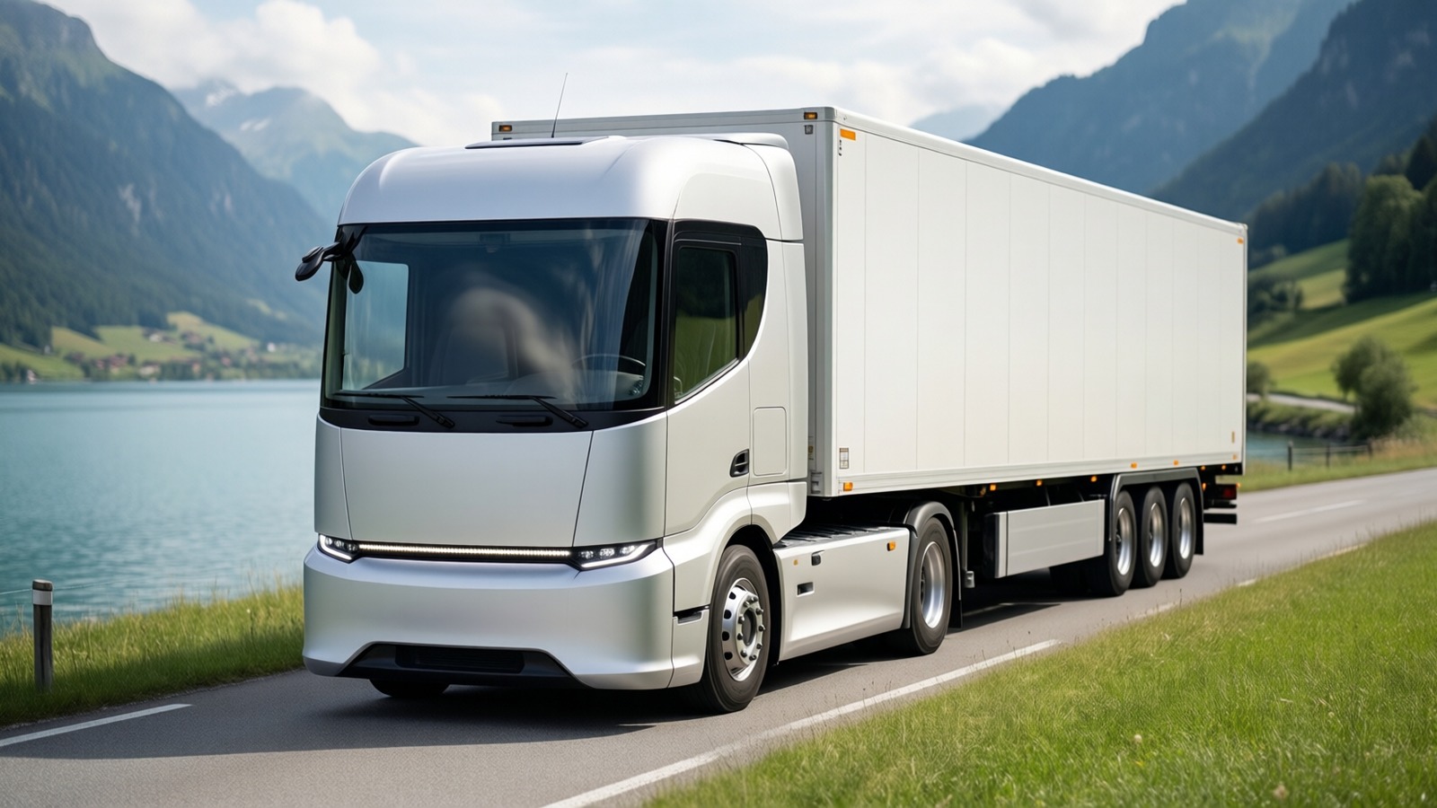 Camion électrique de transport de marchandises sur une route suisse, symbole de la future redevance poids lourds