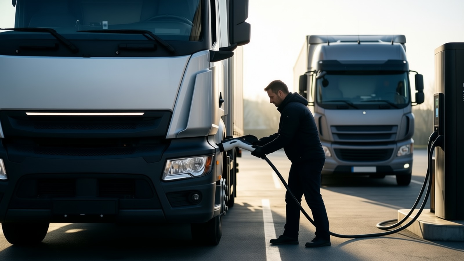Chauffeur de poids lourd branchant un camion électrique sur une borne de recharge dans un dépôt