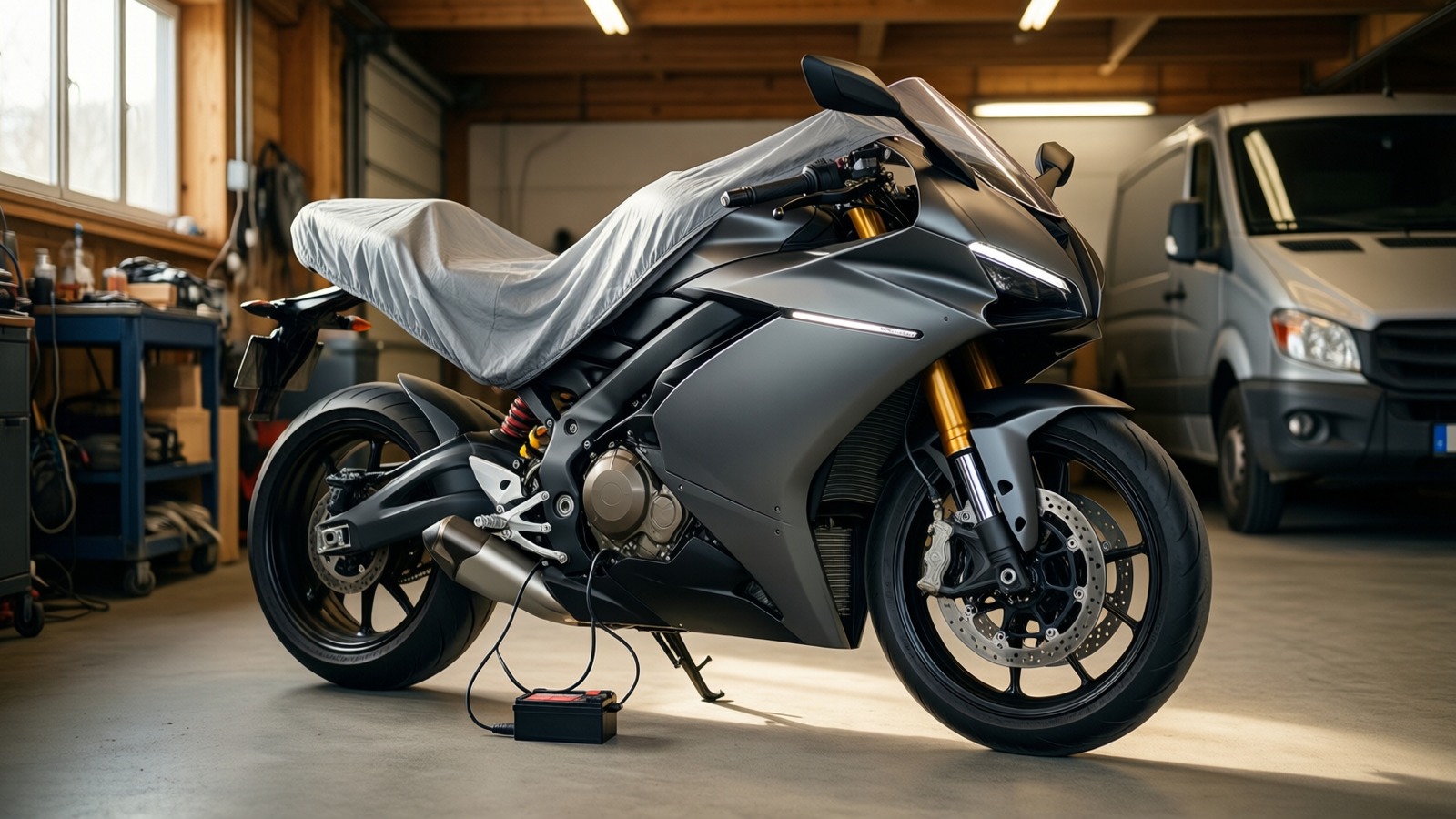 Motorrad auf dem Hauptständer in einer Garage, mit atmungsaktiver Abdeckung und einem Erhaltungsladegerät an der Batterie