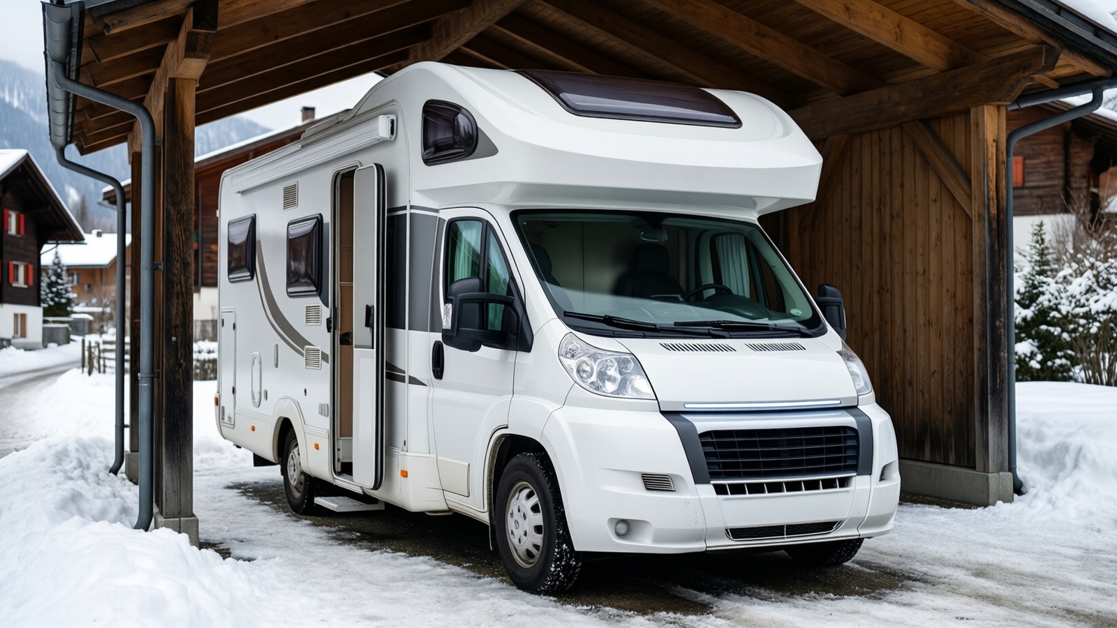 Wohnmobil unter einem Unterstand im Winter, die Staufachklappen einen Spalt geöffnet, um den Innenraum zu lüften
