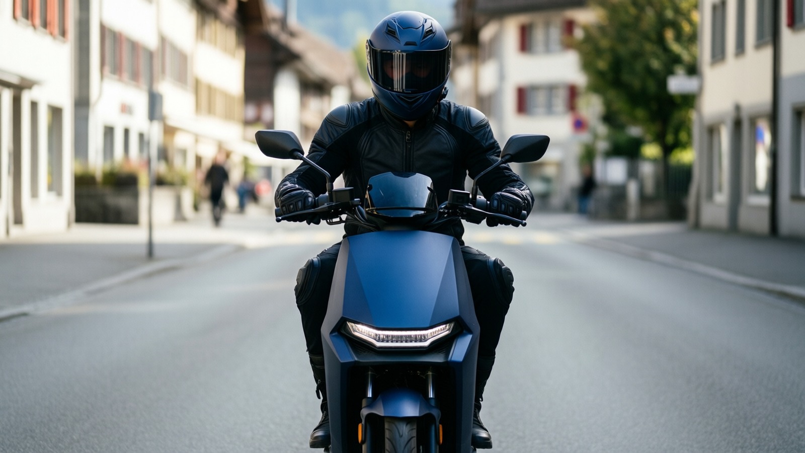 Jeune motard en équipement complet sur un scooter 125 cm³ en ville en Suisse