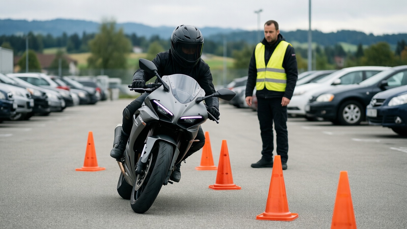 Moniteur et élève lors d’un exercice de slalom au cours de base moto